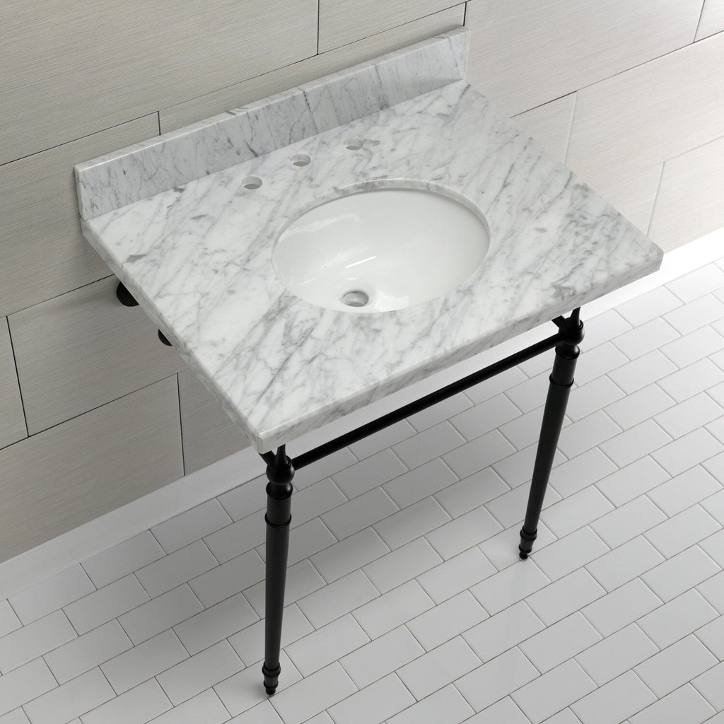 Edwardian 30-Inch Carrara Marble Console Sink with Brass Legs (8-Inch, 3-Hole)