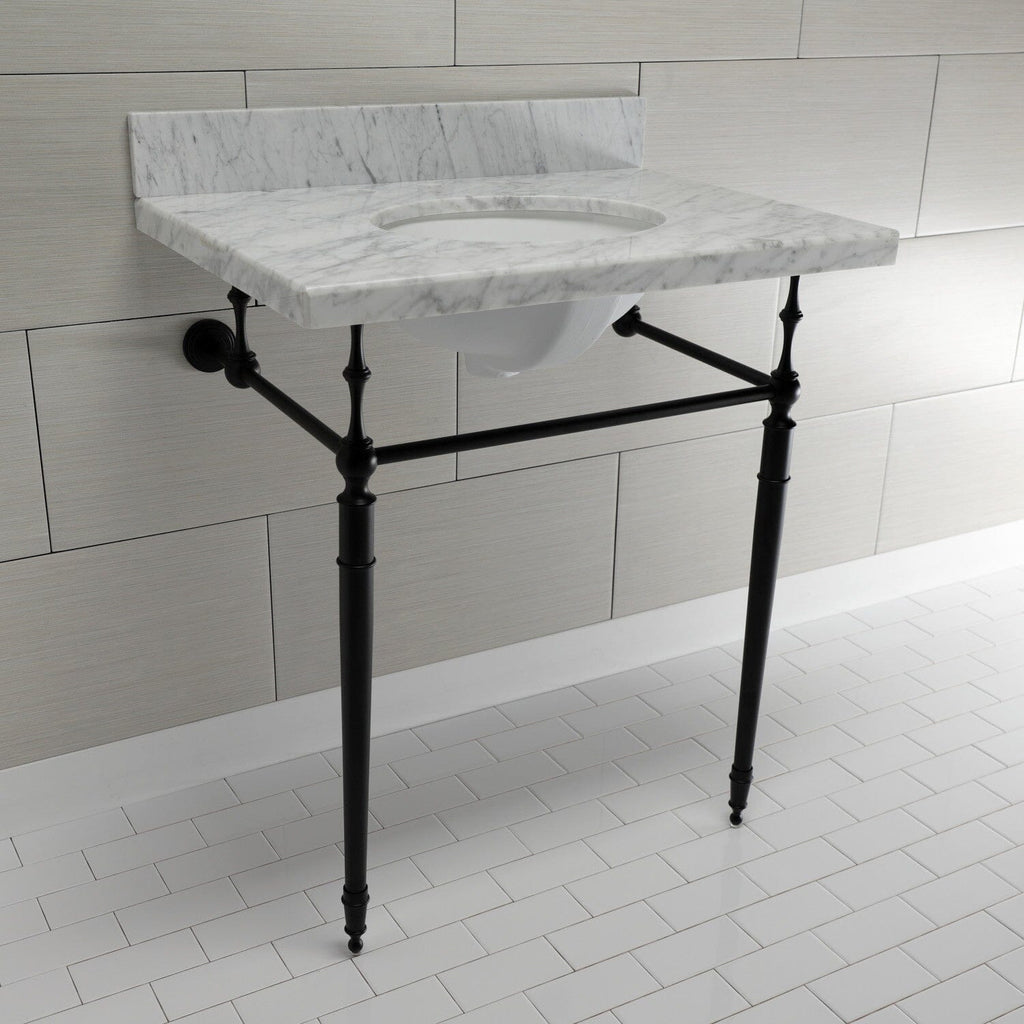 Edwardian 30-Inch Carrara Marble Console Sink with Brass Legs (8-Inch, 3-Hole)