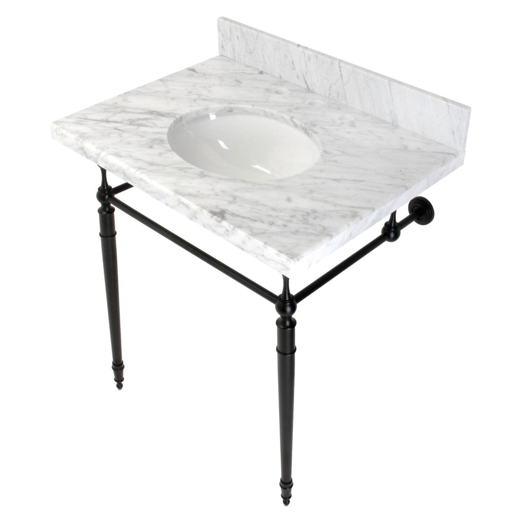 Edwardian 30-Inch Carrara Marble Console Sink with Brass Legs (8-Inch, 3-Hole)
