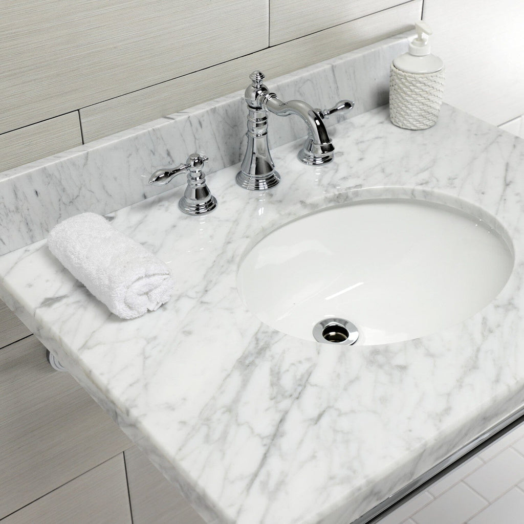 Edwardian 30-Inch Carrara Marble Console Sink with Brass Legs (8-Inch, 3-Hole)