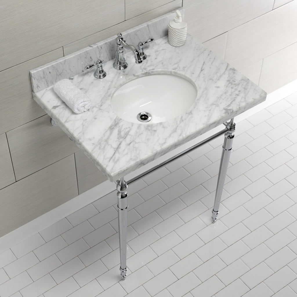 Edwardian 30-Inch Carrara Marble Console Sink with Brass Legs (8-Inch, 3-Hole)
