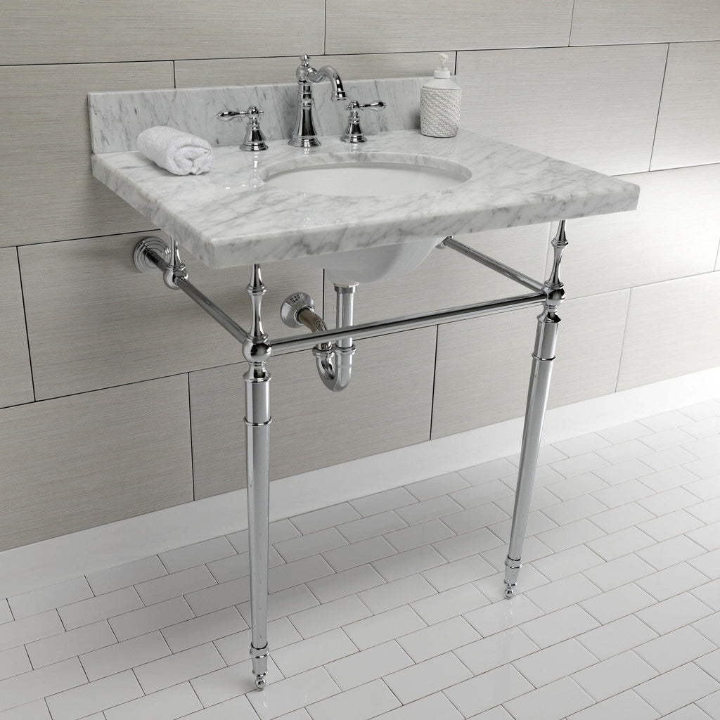 Edwardian 30-Inch Carrara Marble Console Sink with Brass Legs (8-Inch, 3-Hole)