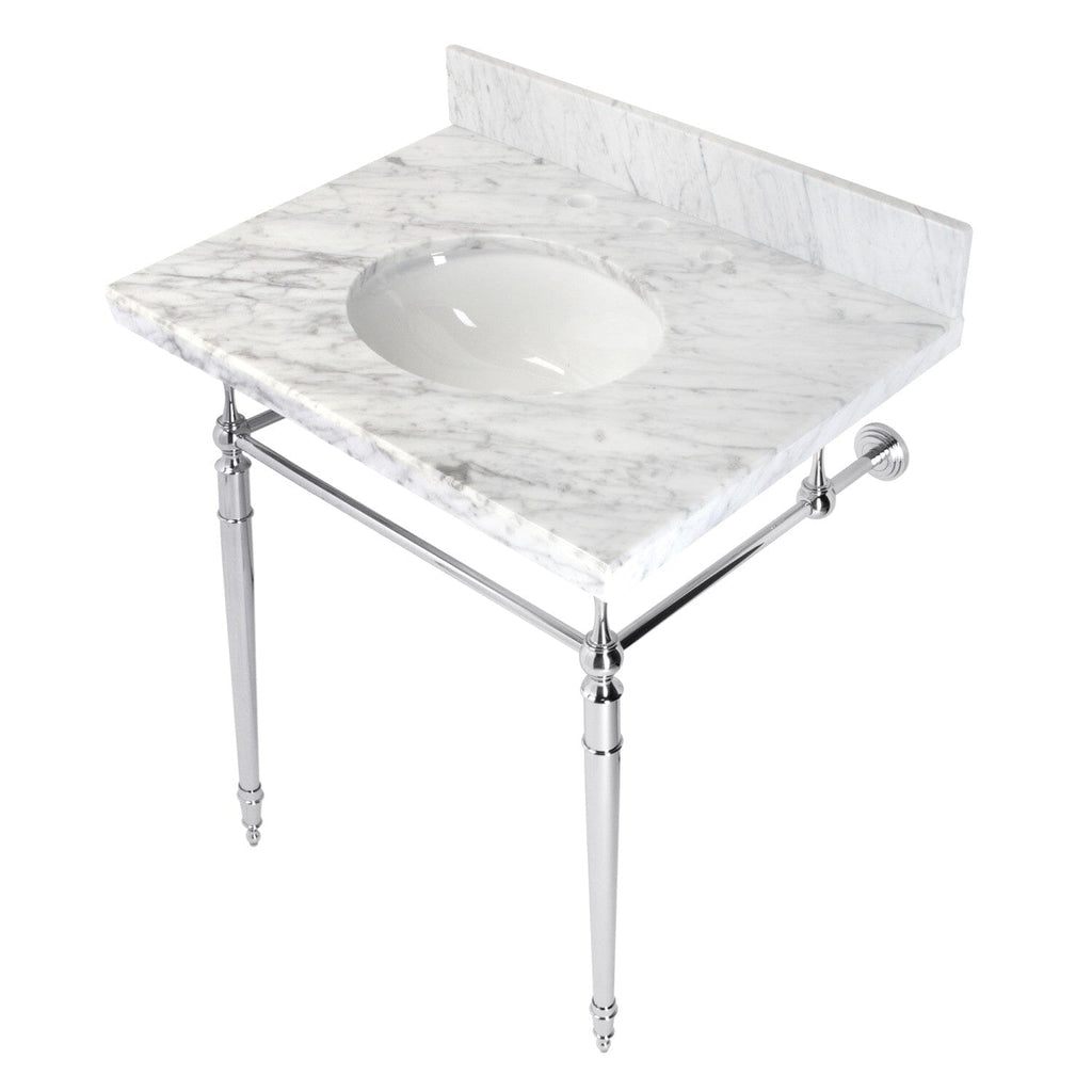 Edwardian 30-Inch Carrara Marble Console Sink with Brass Legs (8-Inch, 3-Hole)