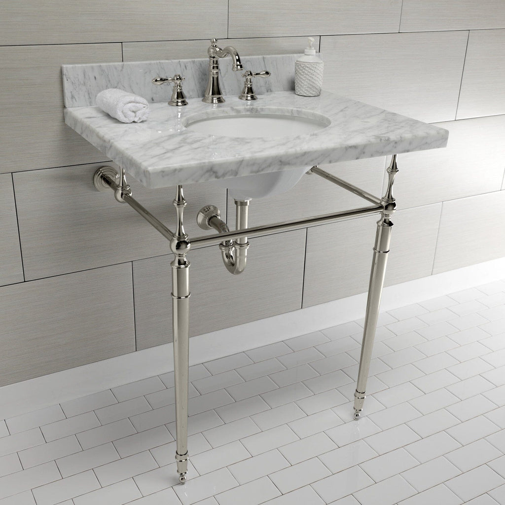 Edwardian 30-Inch Carrara Marble Console Sink with Brass Legs (8-Inch, 3-Hole)