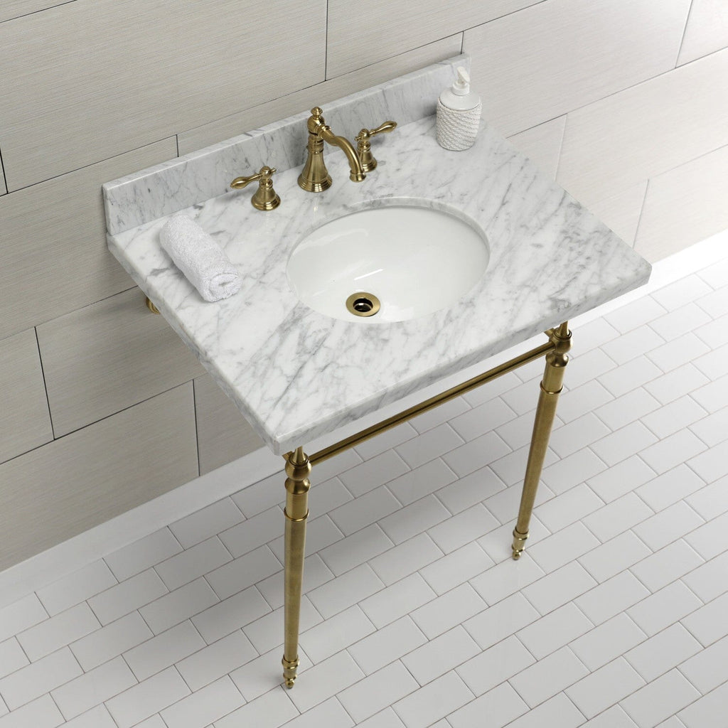 Edwardian 30-Inch Carrara Marble Console Sink with Brass Legs (8-Inch, 3-Hole)