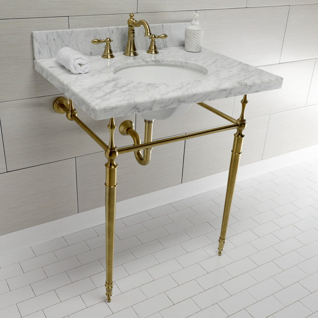 Edwardian 30-Inch Carrara Marble Console Sink with Brass Legs (8-Inch, 3-Hole)
