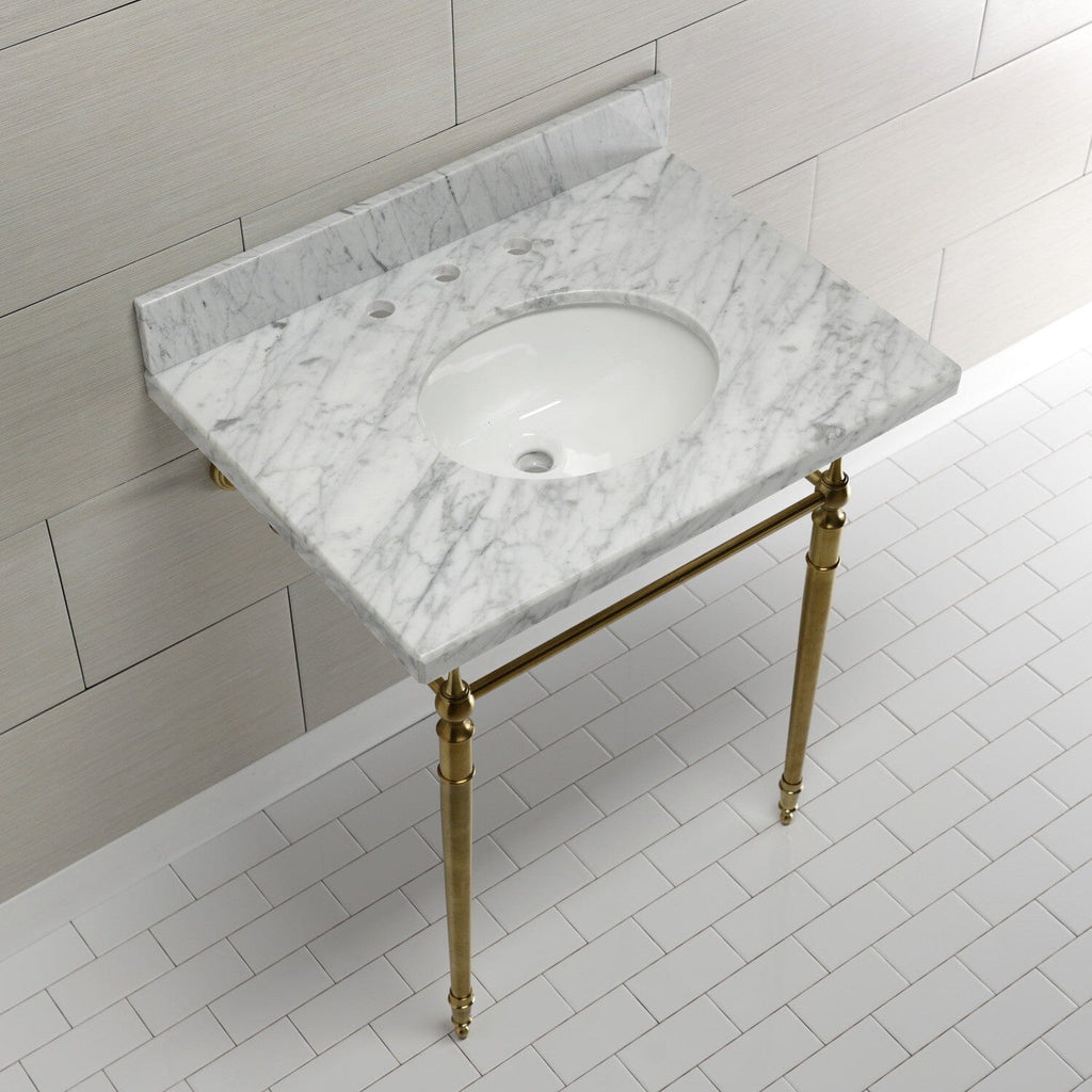 Edwardian 30-Inch Carrara Marble Console Sink with Brass Legs (8-Inch, 3-Hole)