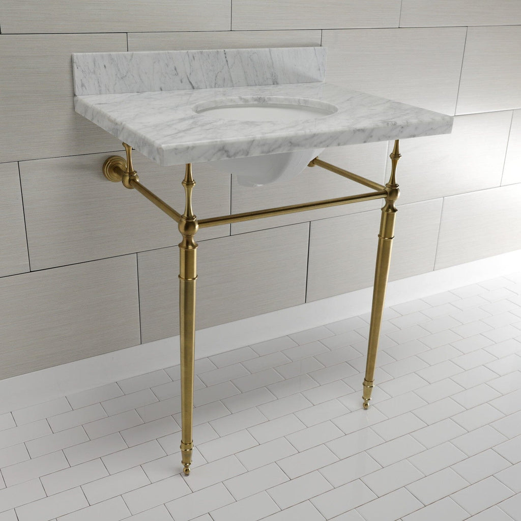 Edwardian 30-Inch Carrara Marble Console Sink with Brass Legs (8-Inch, 3-Hole)
