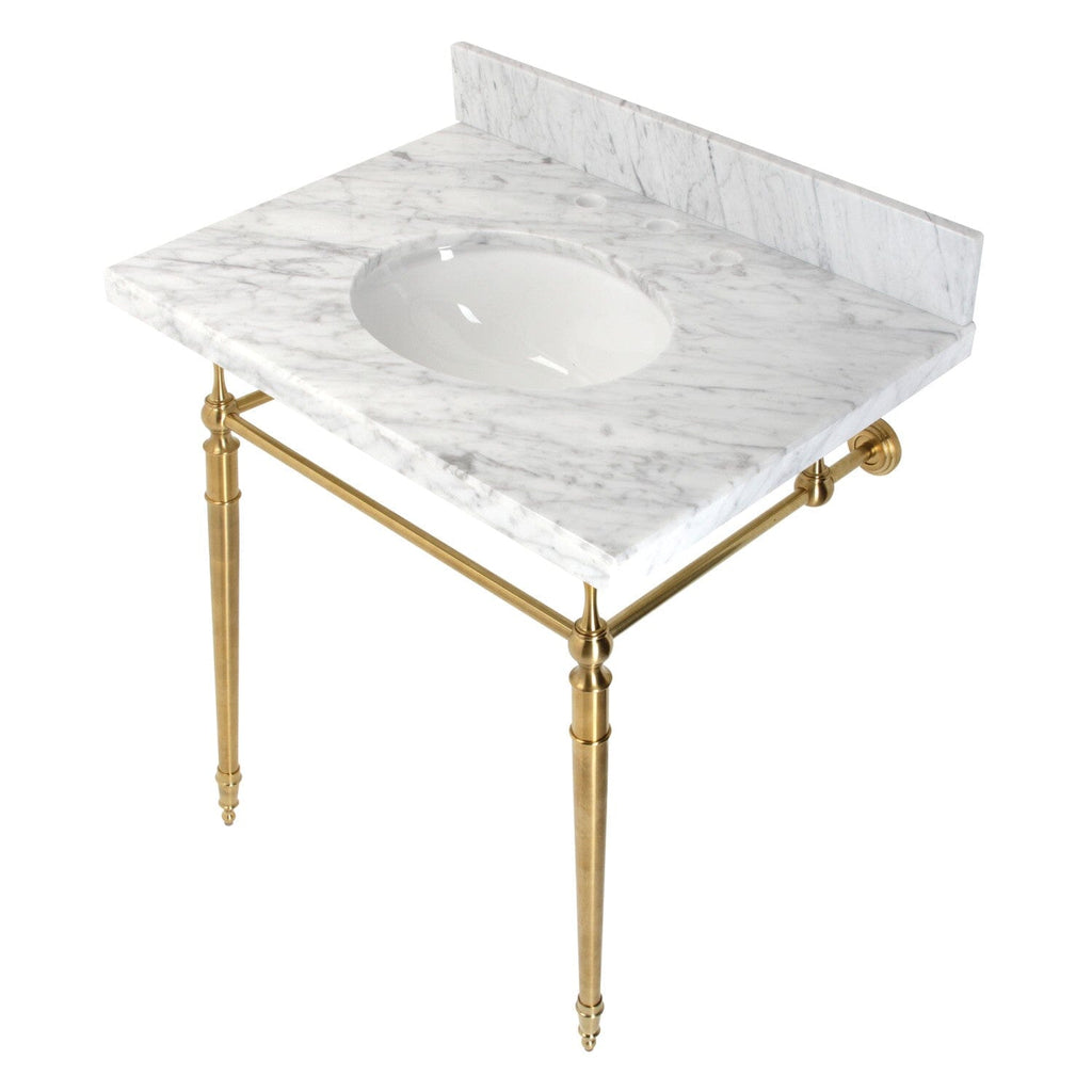 Edwardian 30-Inch Carrara Marble Console Sink with Brass Legs (8-Inch, 3-Hole)