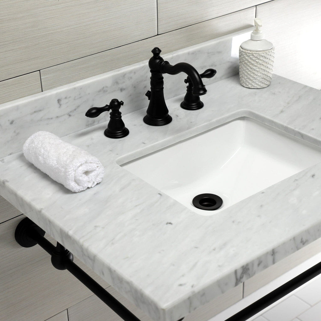Edwardian 30-Inch Carrara Marble Console Sink with Brass Legs (8-Inch, 3-Hole)