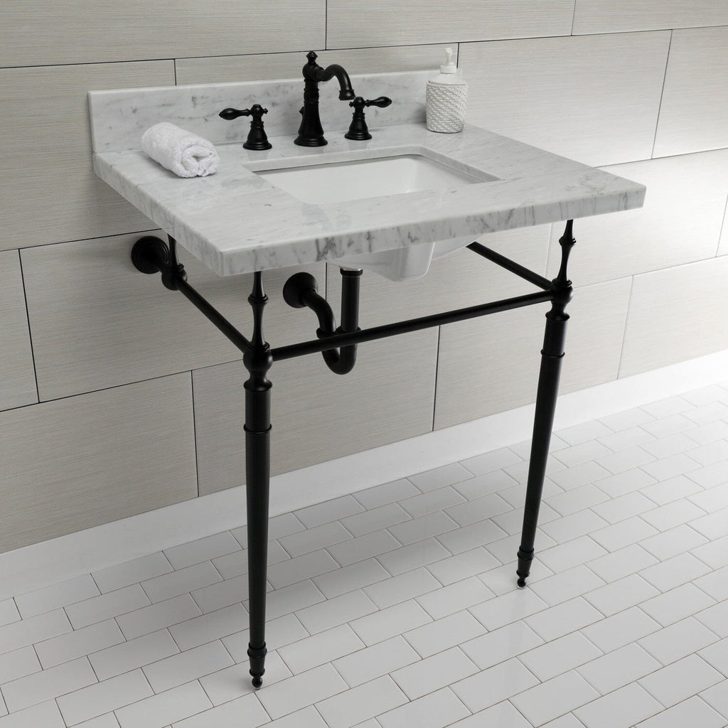 Edwardian 30-Inch Carrara Marble Console Sink with Brass Legs (8-Inch, 3-Hole)