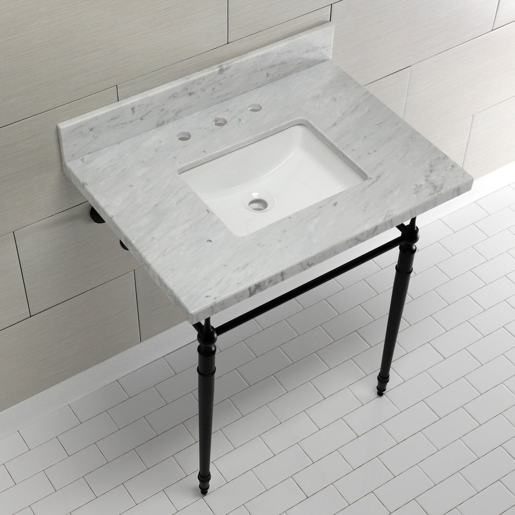 Edwardian 30-Inch Carrara Marble Console Sink with Brass Legs (8-Inch, 3-Hole)