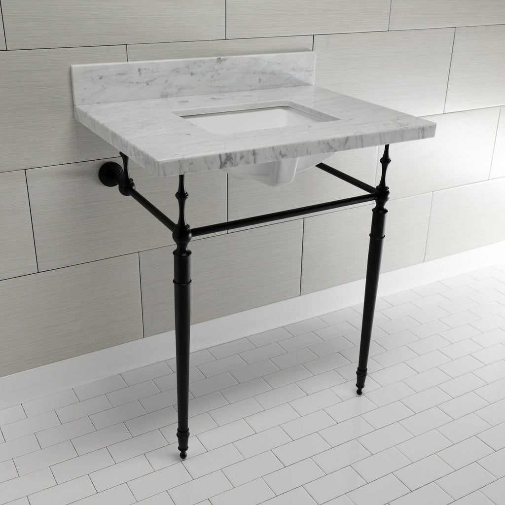 Edwardian 30-Inch Carrara Marble Console Sink with Brass Legs (8-Inch, 3-Hole)