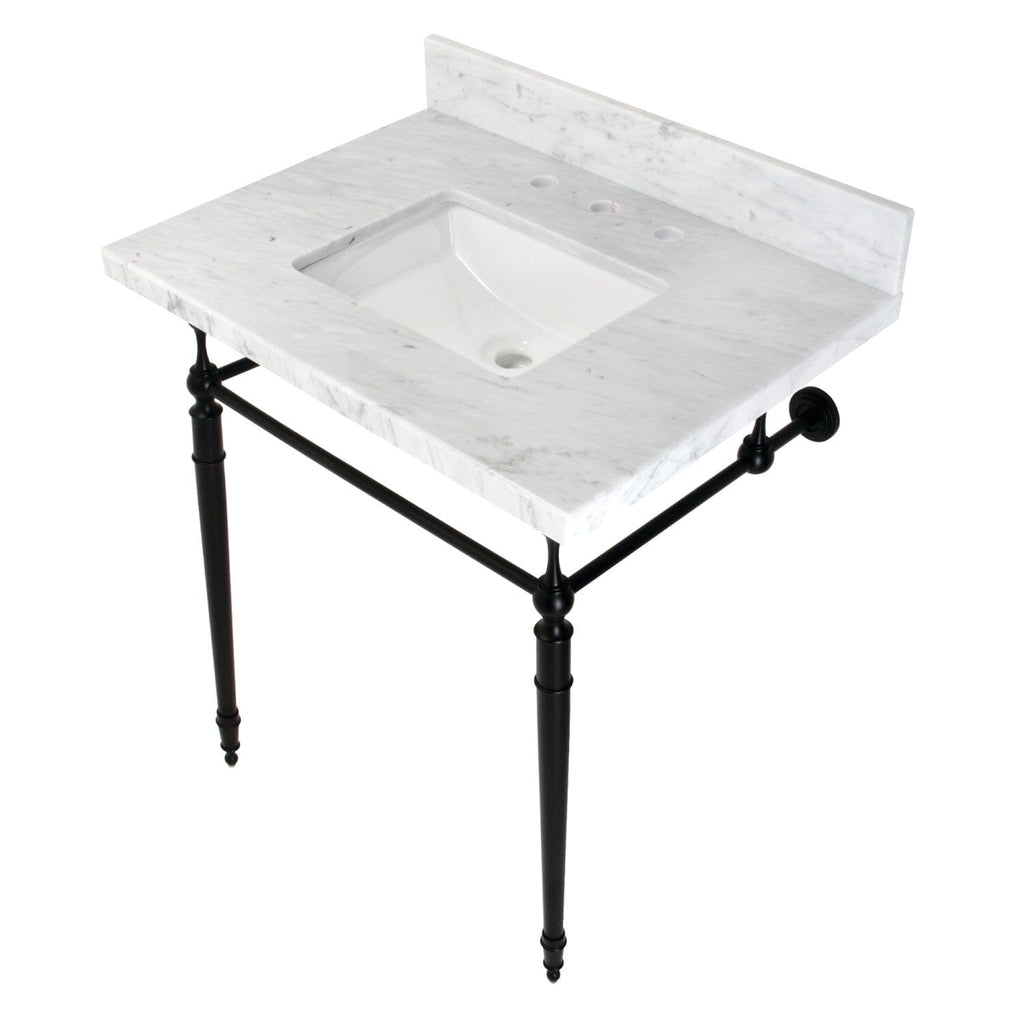 Edwardian 30-Inch Carrara Marble Console Sink with Brass Legs (8-Inch, 3-Hole)