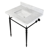 Edwardian 30-Inch Carrara Marble Console Sink with Brass Legs (8-Inch, 3-Hole)
