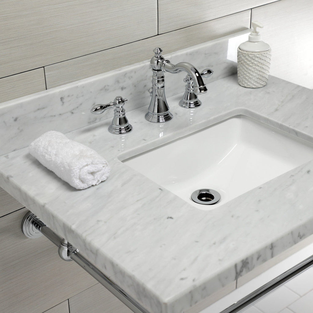 Edwardian 30-Inch Carrara Marble Console Sink with Brass Legs (8-Inch, 3-Hole)