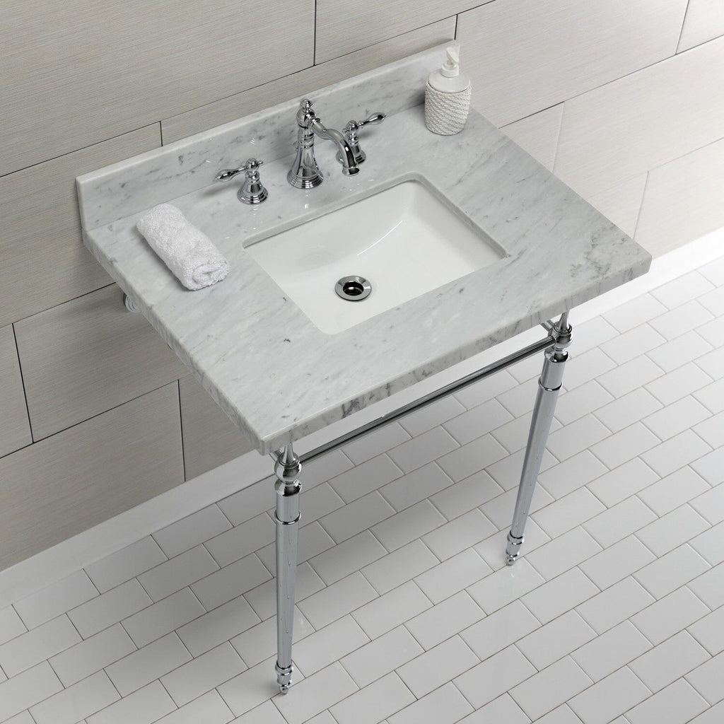 Edwardian 30-Inch Carrara Marble Console Sink with Brass Legs (8-Inch, 3-Hole)