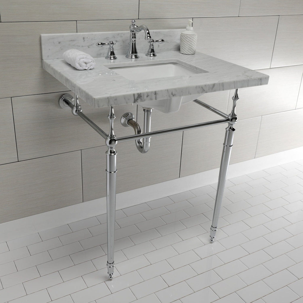 Edwardian 30-Inch Carrara Marble Console Sink with Brass Legs (8-Inch, 3-Hole)