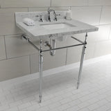 Edwardian 30-Inch Carrara Marble Console Sink with Brass Legs (8-Inch, 3-Hole)