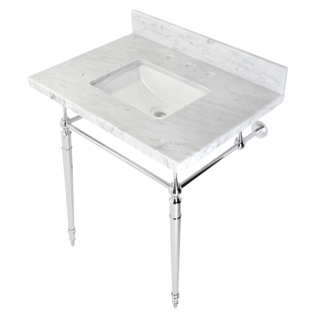 Edwardian 30-Inch Carrara Marble Console Sink with Brass Legs (8-Inch, 3-Hole)