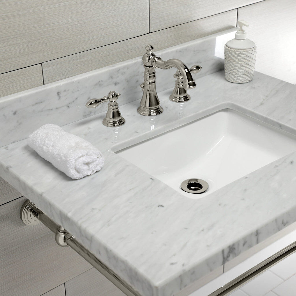 Edwardian 30-Inch Carrara Marble Console Sink with Brass Legs (8-Inch, 3-Hole)