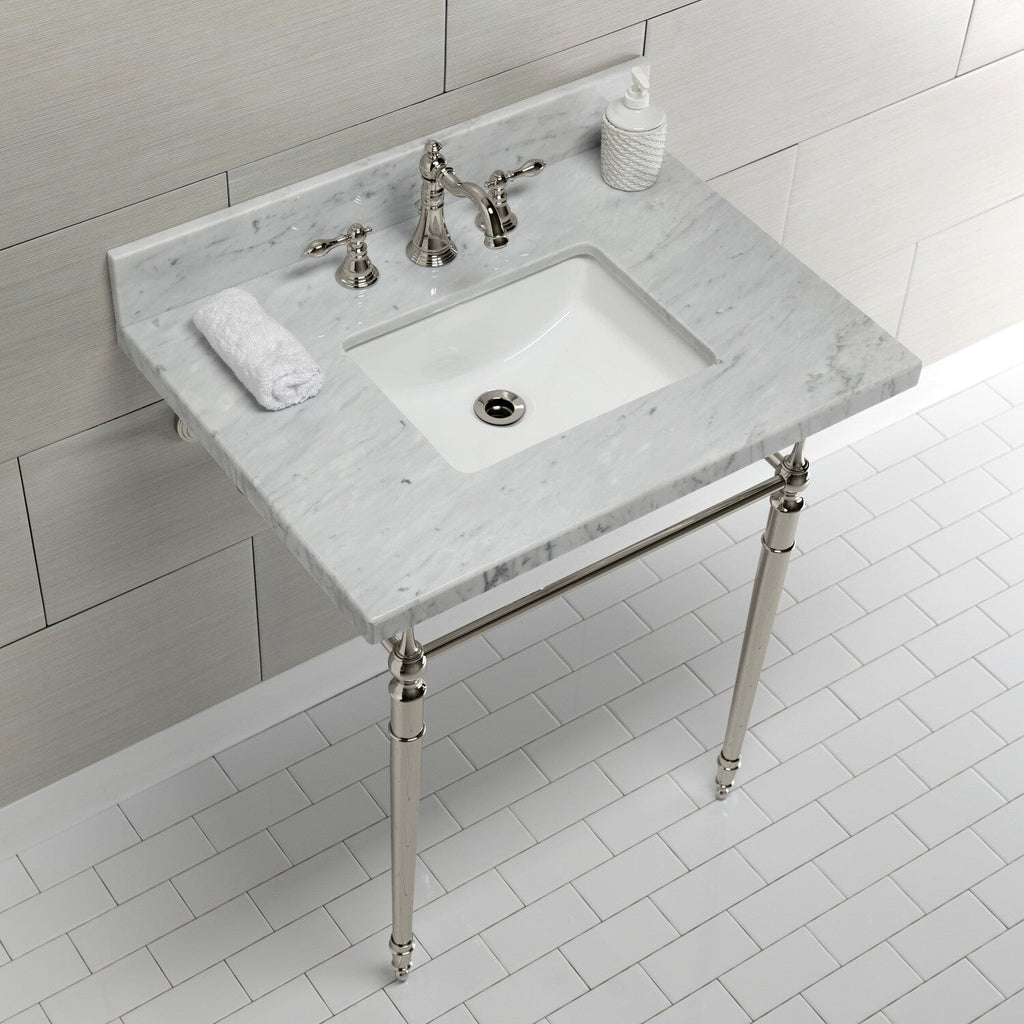 Edwardian 30-Inch Carrara Marble Console Sink with Brass Legs (8-Inch, 3-Hole)