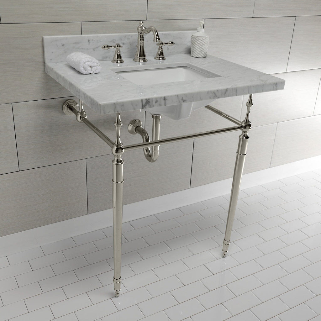Edwardian 30-Inch Carrara Marble Console Sink with Brass Legs (8-Inch, 3-Hole)