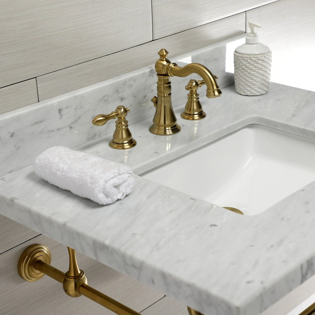 Edwardian 30-Inch Carrara Marble Console Sink with Brass Legs (8-Inch, 3-Hole)