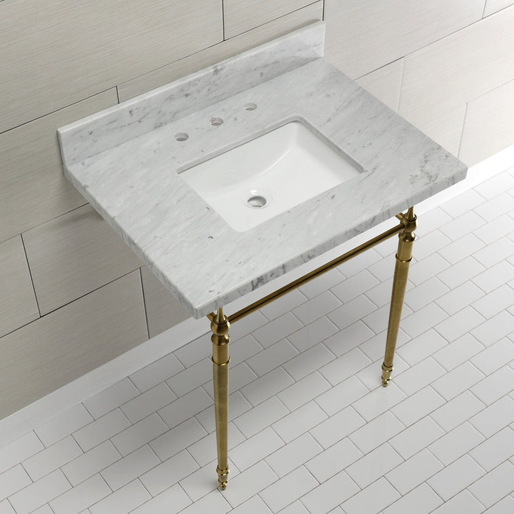 Edwardian 30-Inch Carrara Marble Console Sink with Brass Legs (8-Inch, 3-Hole)