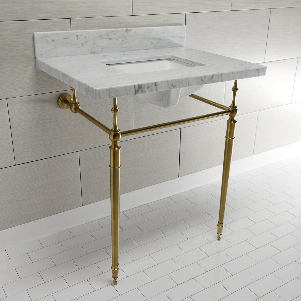 Edwardian 30-Inch Carrara Marble Console Sink with Brass Legs (8-Inch, 3-Hole)