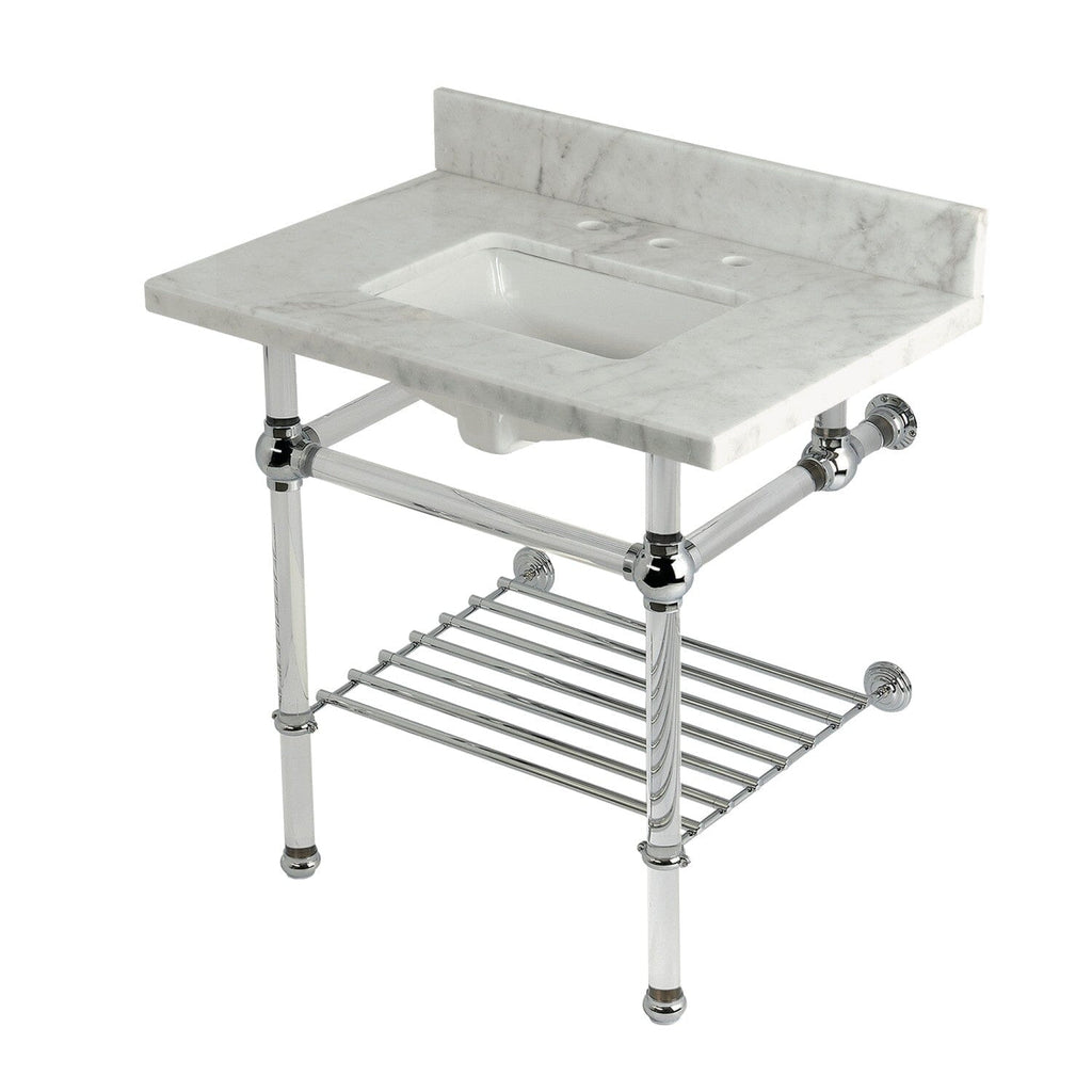 Templeton 30-Inch Carrara Marble Console Sink with Acrylic Legs and Shelf (8-Inch, 3-Hole)