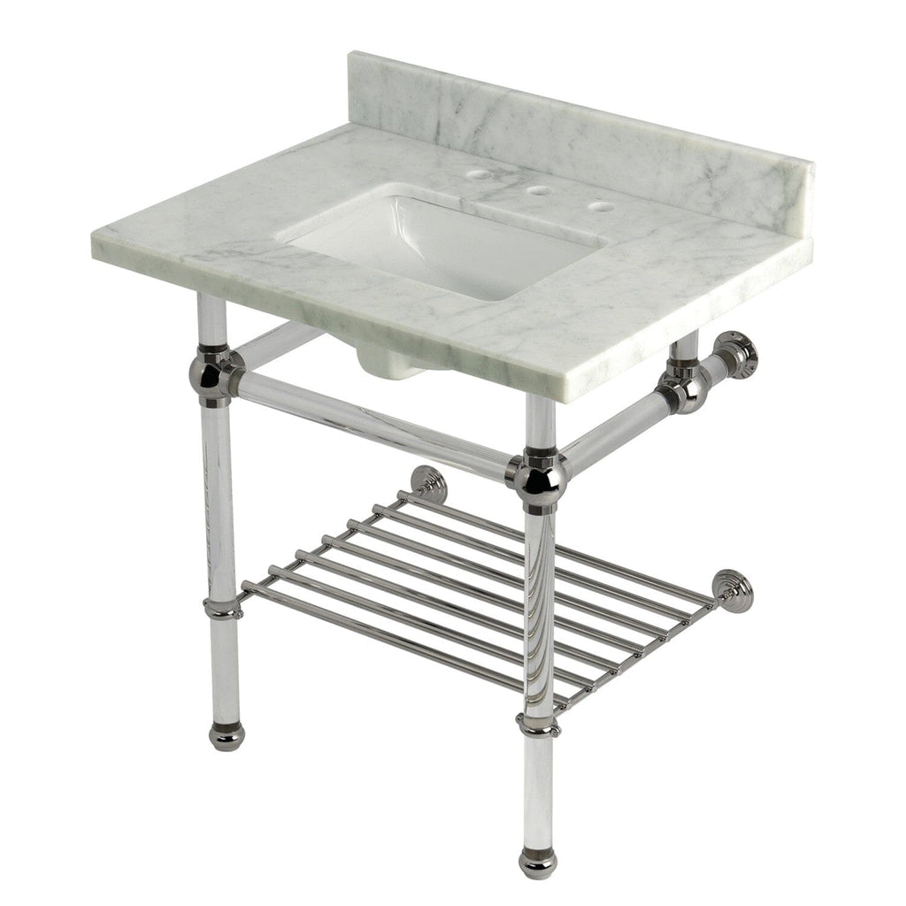 Templeton 30-Inch Carrara Marble Console Sink with Acrylic Legs and Shelf (8-Inch, 3-Hole)