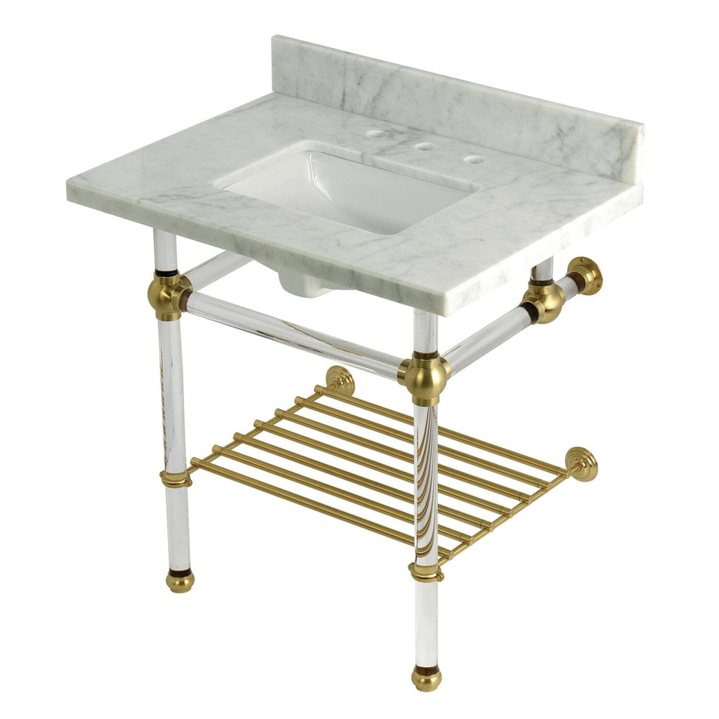 Templeton 30-Inch Carrara Marble Console Sink with Acrylic Legs and Shelf (8-Inch, 3-Hole)