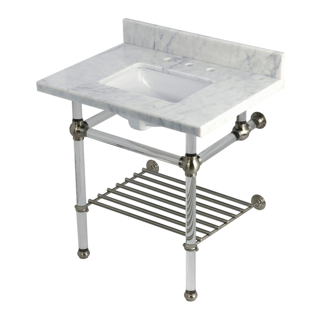 Templeton 30-Inch Carrara Marble Console Sink with Acrylic Legs and Shelf (8-Inch, 3-Hole)