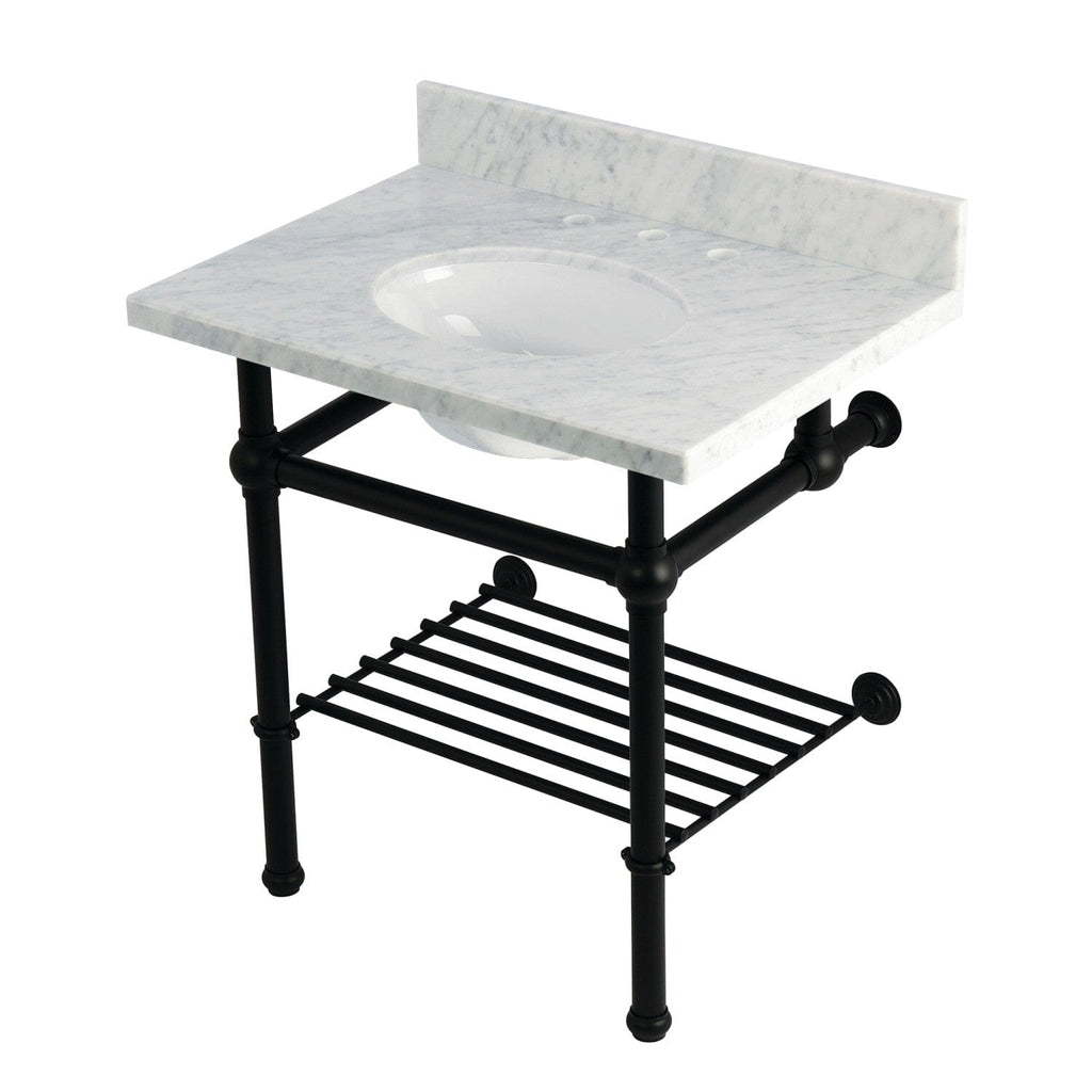 Templeton 30-Inch Carrara Marble Console Sink with Brass Legs and Shelf (8-Inch, 3-Hole)
