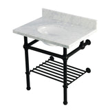 Templeton 30-Inch Carrara Marble Console Sink with Brass Legs and Shelf (8-Inch, 3-Hole)