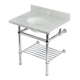 Templeton 30-Inch Carrara Marble Console Sink with Brass Legs and Shelf (8-Inch, 3-Hole)