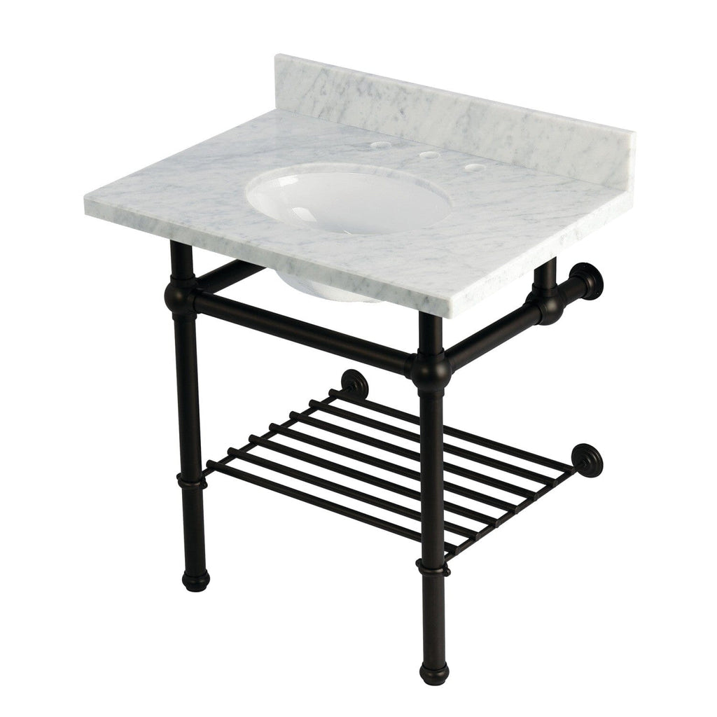 Templeton 30-Inch Carrara Marble Console Sink with Brass Legs and Shelf (8-Inch, 3-Hole)