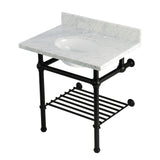 Templeton 30-Inch Carrara Marble Console Sink with Brass Legs and Shelf (8-Inch, 3-Hole)