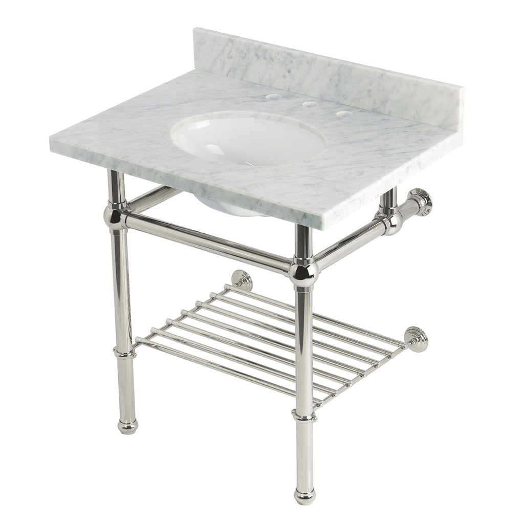 Templeton 30-Inch Carrara Marble Console Sink with Brass Legs and Shelf (8-Inch, 3-Hole)