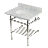 Templeton 30-Inch Carrara Marble Console Sink with Brass Legs and Shelf (8-Inch, 3-Hole)