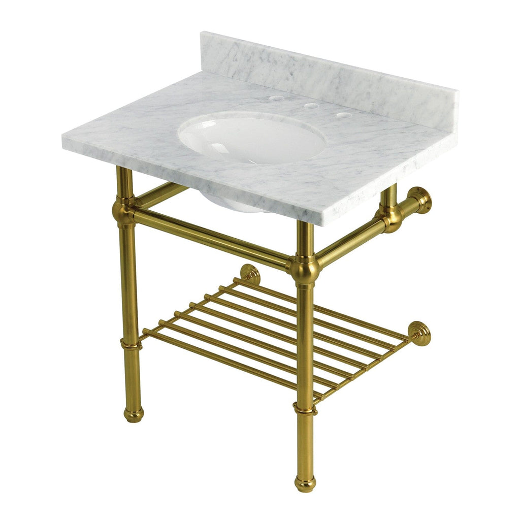 Templeton 30-Inch Carrara Marble Console Sink with Brass Legs and Shelf (8-Inch, 3-Hole)
