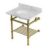 Templeton 30-Inch Carrara Marble Console Sink with Brass Legs and Shelf (8-Inch, 3-Hole)