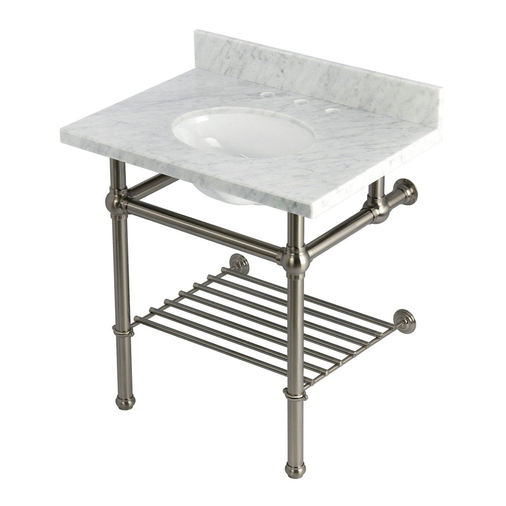 Templeton 30-Inch Carrara Marble Console Sink with Brass Legs and Shelf (8-Inch, 3-Hole)