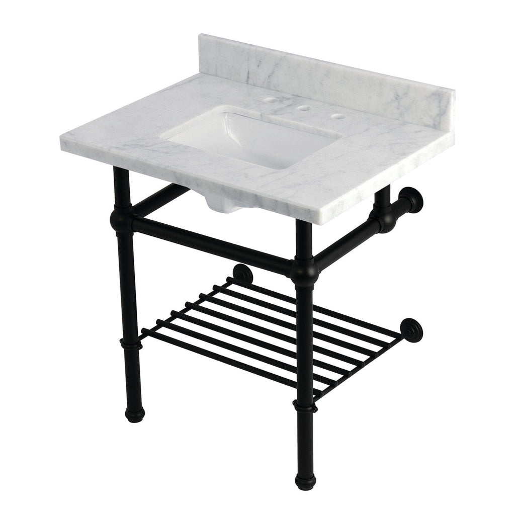Templeton 30-Inch Carrara Marble Console Sink with Brass Legs and Shelf (8-Inch, 3-Hole)