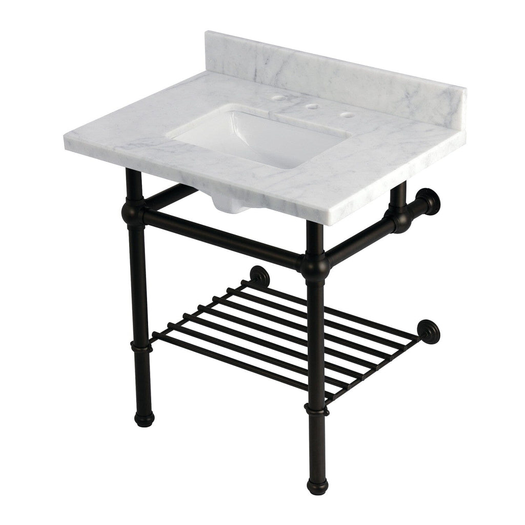 Templeton 30-Inch Carrara Marble Console Sink with Brass Legs and Shelf (8-Inch, 3-Hole)