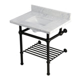 Templeton 30-Inch Carrara Marble Console Sink with Brass Legs and Shelf (8-Inch, 3-Hole)