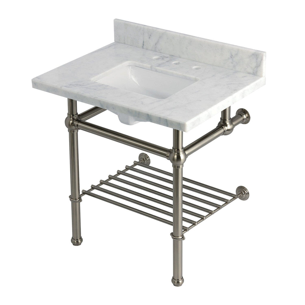 Templeton 30-Inch Carrara Marble Console Sink with Brass Legs and Shelf (8-Inch, 3-Hole)