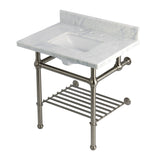 Templeton 30-Inch Carrara Marble Console Sink with Brass Legs and Shelf (8-Inch, 3-Hole)