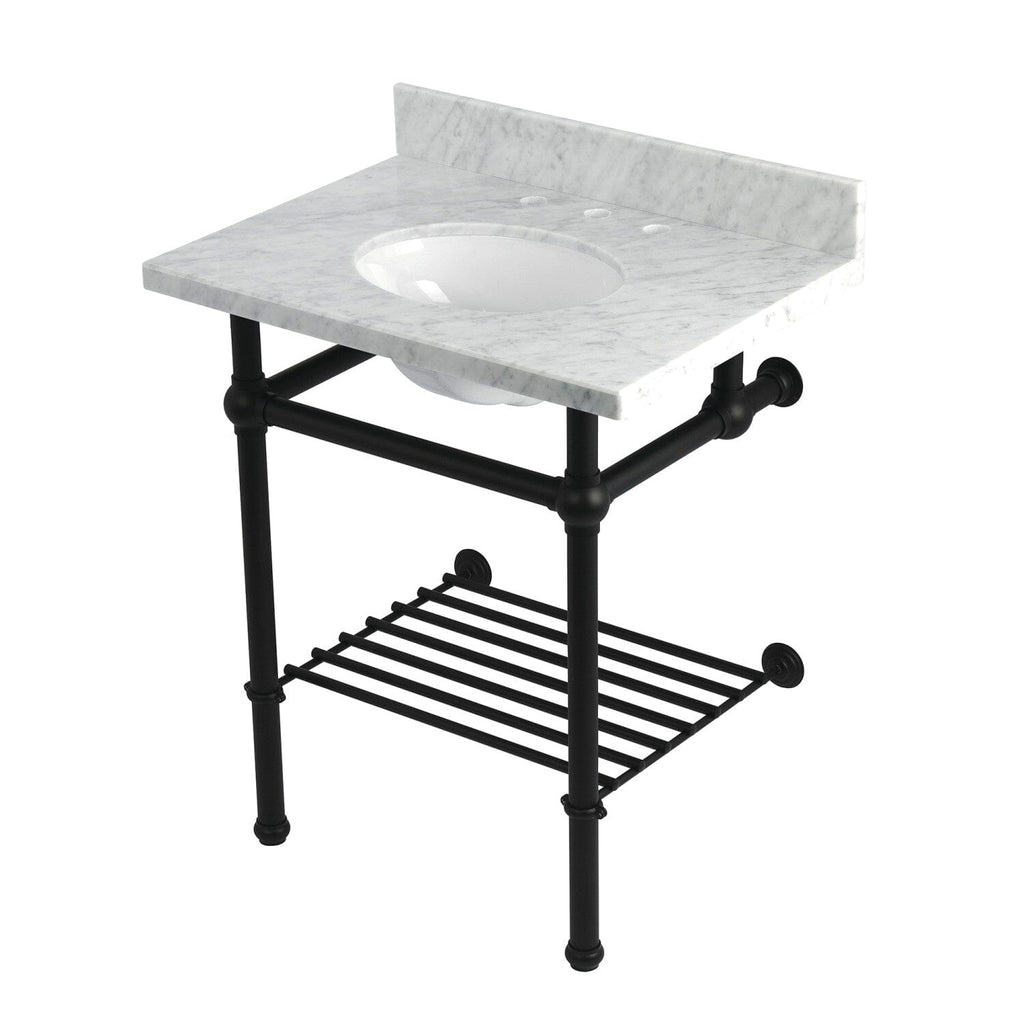 Templeton 30-Inch Carrara Marble Console Sink with Brass Legs and Shelf (8-Inch, 3-Hole)